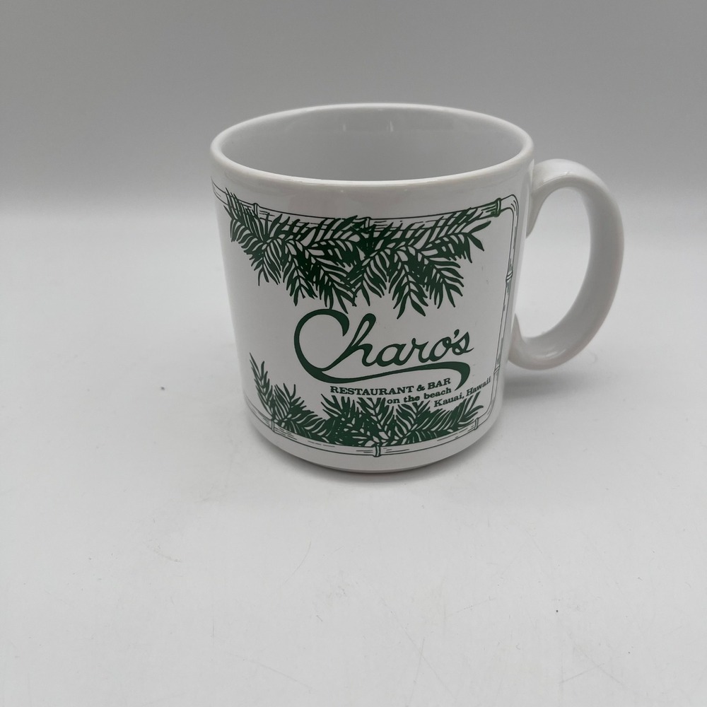 Vintage Charo's Restaurant & Bar Kauai Hawaii Ceramic Coffee Mug White Green